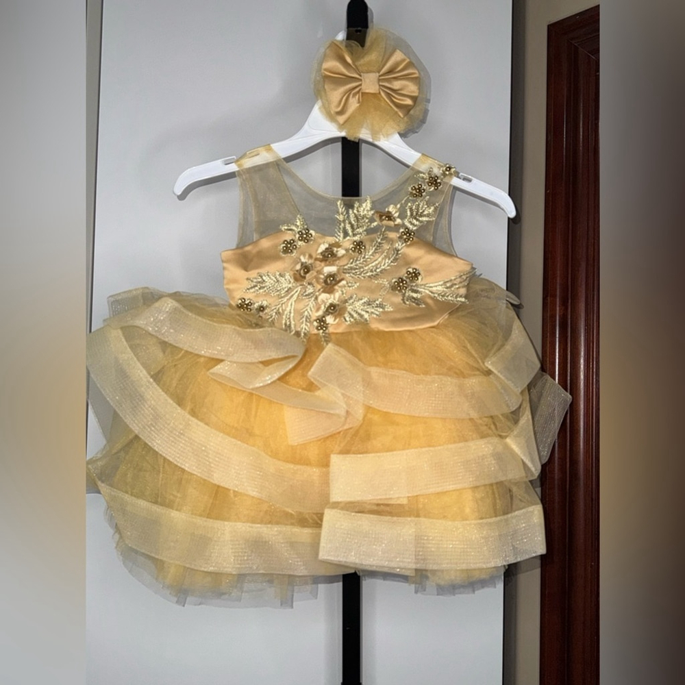 Handmade Elegant Gold Kids Costume Dress with matching hairbow clip